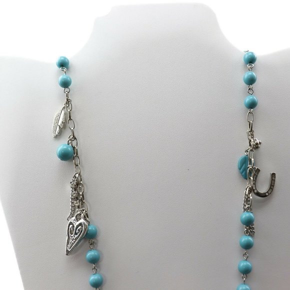 Thalia Sodi Two-Tone Beaded Charm Feather Horseshoe Necklace Turquoise - Picture 4 of 5